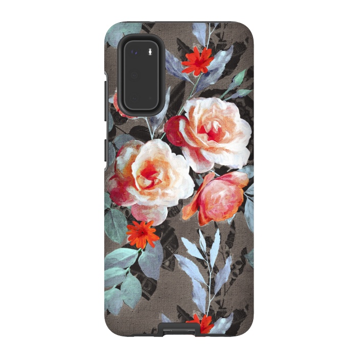 Galaxy S20 StrongFit Retro Rose Chintz in Scarlet, Peach, Sage and Grey by Micklyn Le Feuvre