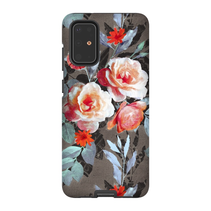 Galaxy S20 Plus StrongFit Retro Rose Chintz in Scarlet, Peach, Sage and Grey by Micklyn Le Feuvre