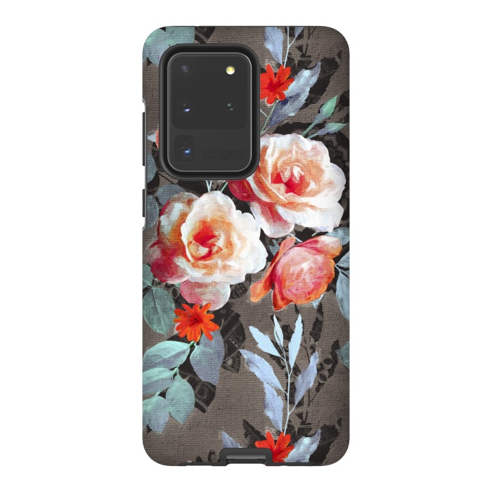 Galaxy S20 Ultra StrongFit Retro Rose Chintz in Scarlet, Peach, Sage and Grey by Micklyn Le Feuvre