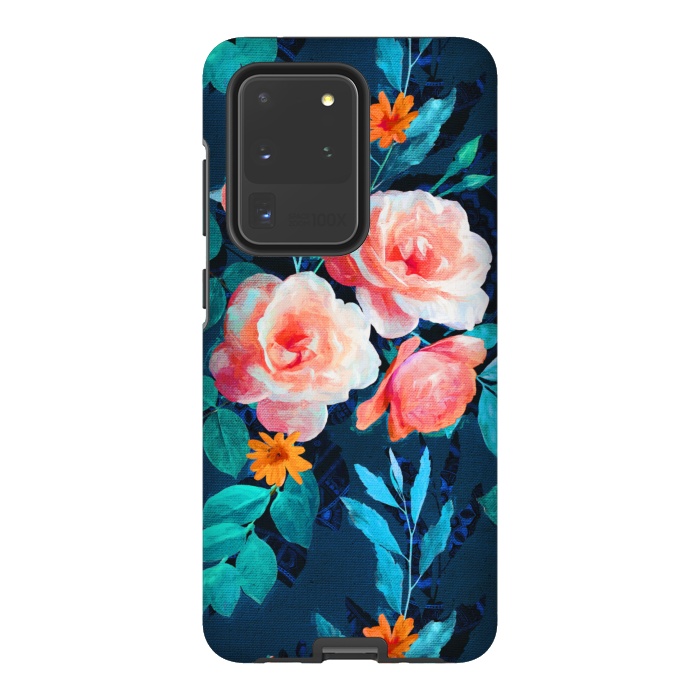 Galaxy S20 Ultra StrongFit Retro Rose Chintz in Bright Coral and Peach on Indigo Blue by Micklyn Le Feuvre