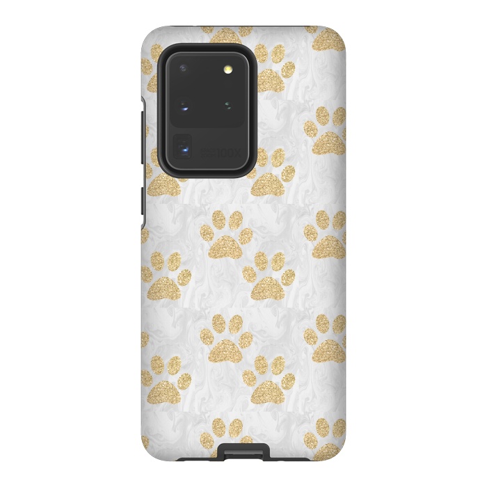 Galaxy S20 Ultra StrongFit Gold Paw Prints on Marble by Julie Erin Designs