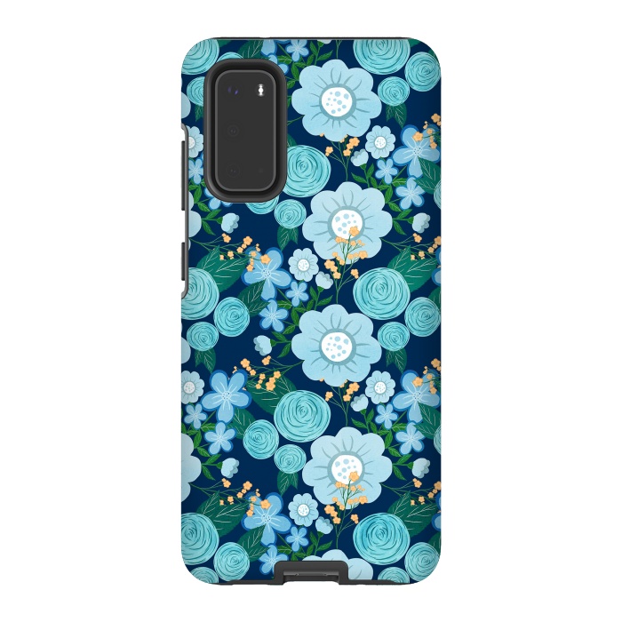Galaxy S20 StrongFit Cute Girly Blue Hand Drawn Flowers Pattern by InovArts