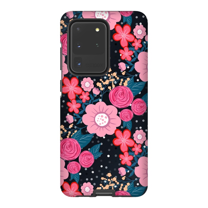 Galaxy S20 Ultra StrongFit Pretty girly pink Floral Silver Dots Gray design by InovArts
