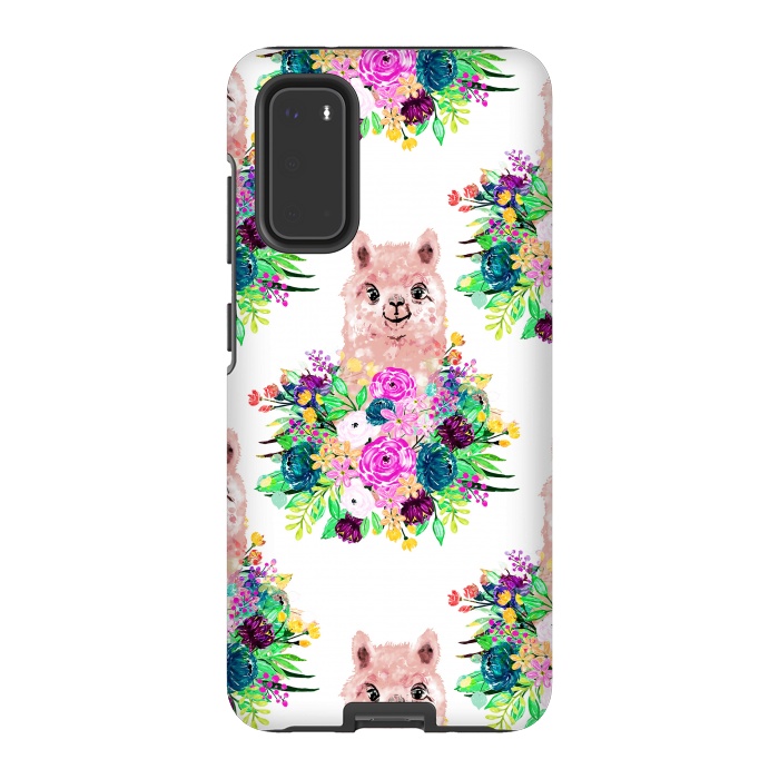 Galaxy S20 StrongFit Cute Pink Alpaca and Flowers Watercolor paint by InovArts