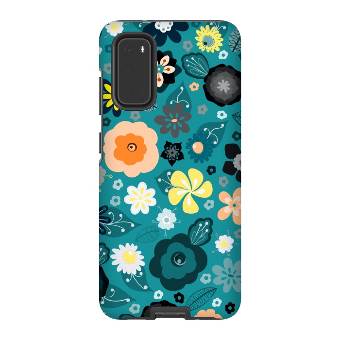 Galaxy S20 StrongFit Kitsch 70s Flowers in Classic Blue and Yellow by Paula Ohreen