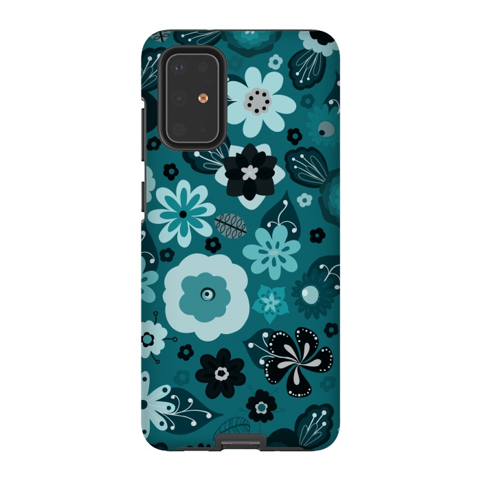 Galaxy S20 Plus StrongFit Kitsch 70s Flowers in Monochrome Classic Blue by Paula Ohreen