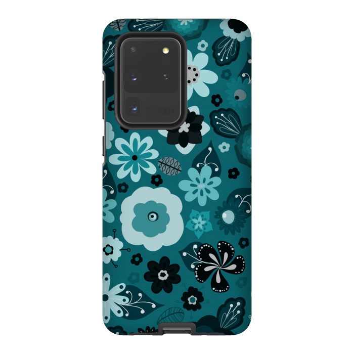 Galaxy S20 Ultra StrongFit Kitsch 70s Flowers in Monochrome Classic Blue by Paula Ohreen