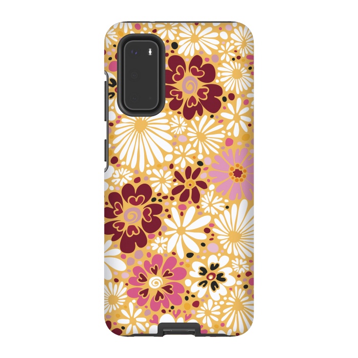 Galaxy S20 StrongFit 70s Valentine Flowers in Pink, Cream and Yellow by Paula Ohreen