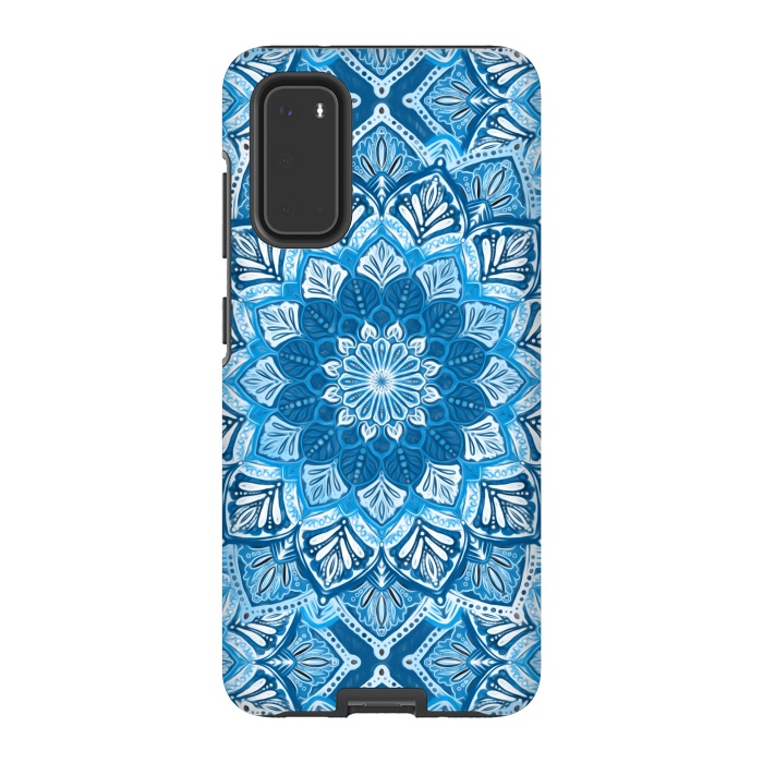 Galaxy S20 StrongFit Boho Mandala in Monochrome Blue and White by Micklyn Le Feuvre