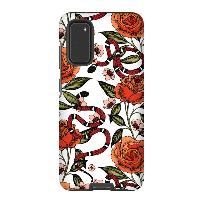 Galaxy S20 StrongFit Roses and snake. White pattern by Julia Badeeva
