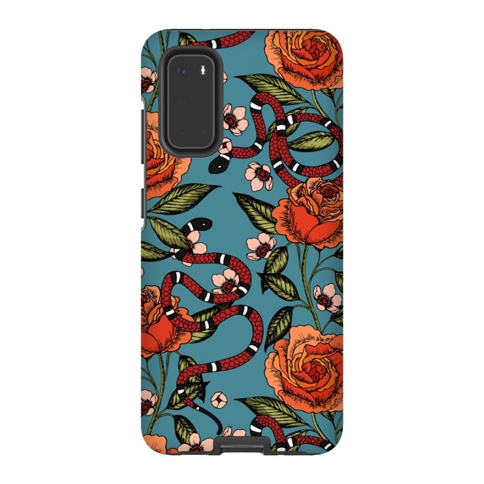 Galaxy S20 StrongFit Roses and snake. Blue pattern by Julia Badeeva