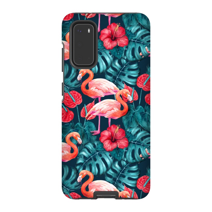 Galaxy S20 StrongFit Flamingo birds and tropical garden watercolor by Katerina Kirilova