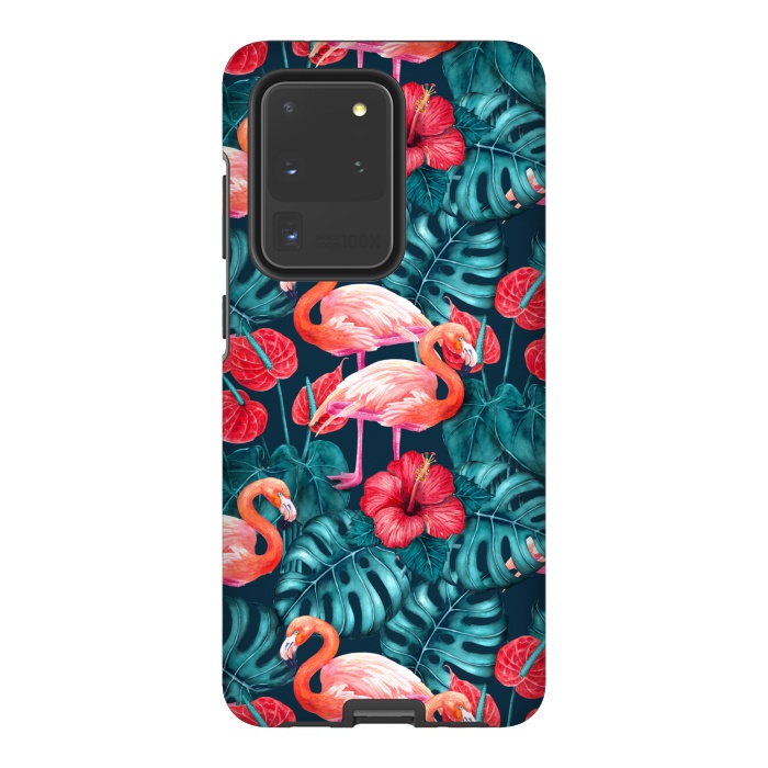 Galaxy S20 Ultra StrongFit Flamingo birds and tropical garden watercolor by Katerina Kirilova