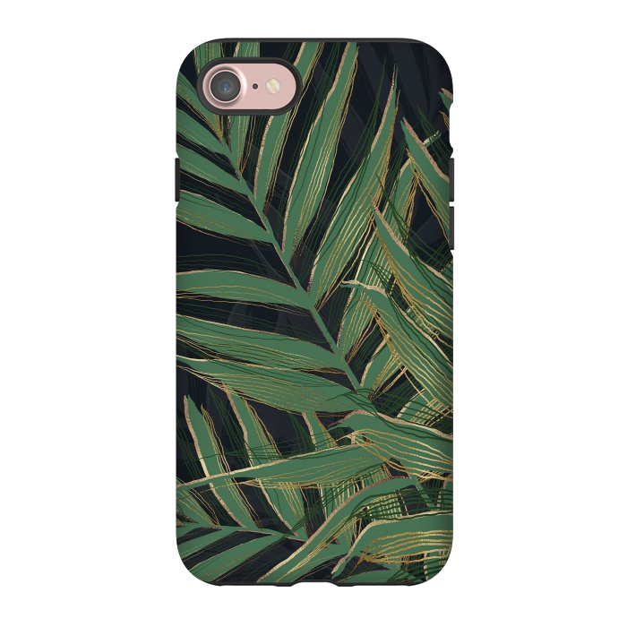 iPhone 7 StrongFit Trendy Green Palm Leaves Gold Strokes Gray Design by InovArts