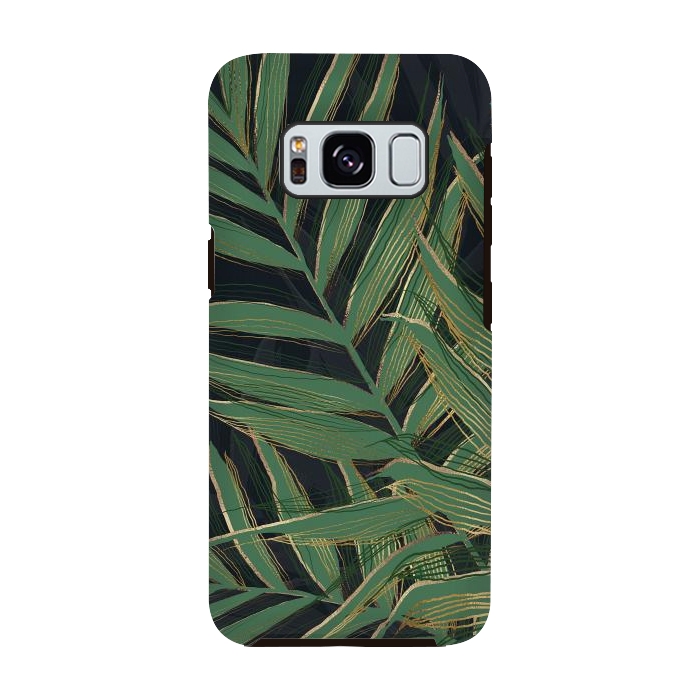Galaxy S8 StrongFit Trendy Green Palm Leaves Gold Strokes Gray Design by InovArts