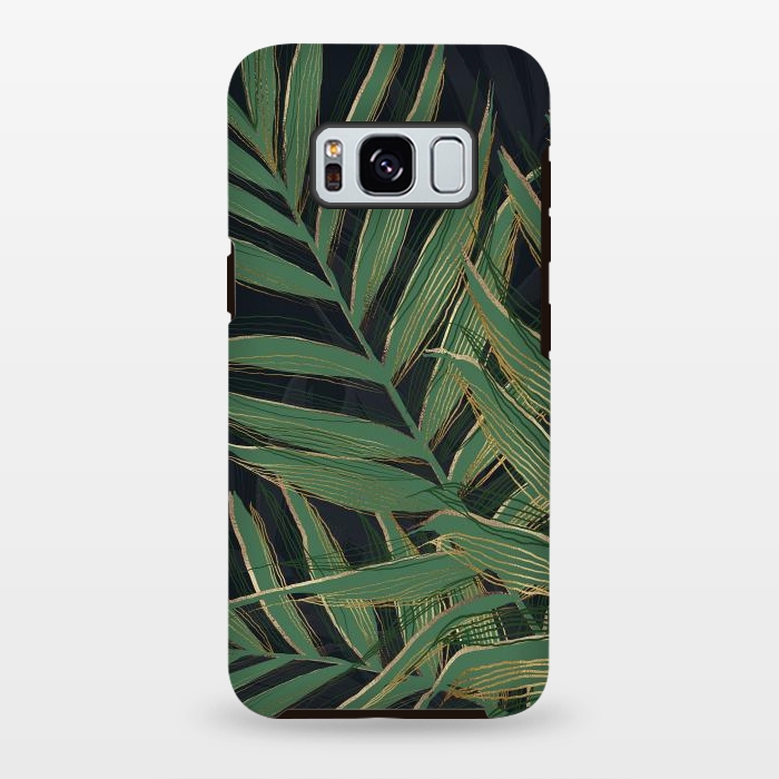 Galaxy S8 plus StrongFit Trendy Green Palm Leaves Gold Strokes Gray Design by InovArts