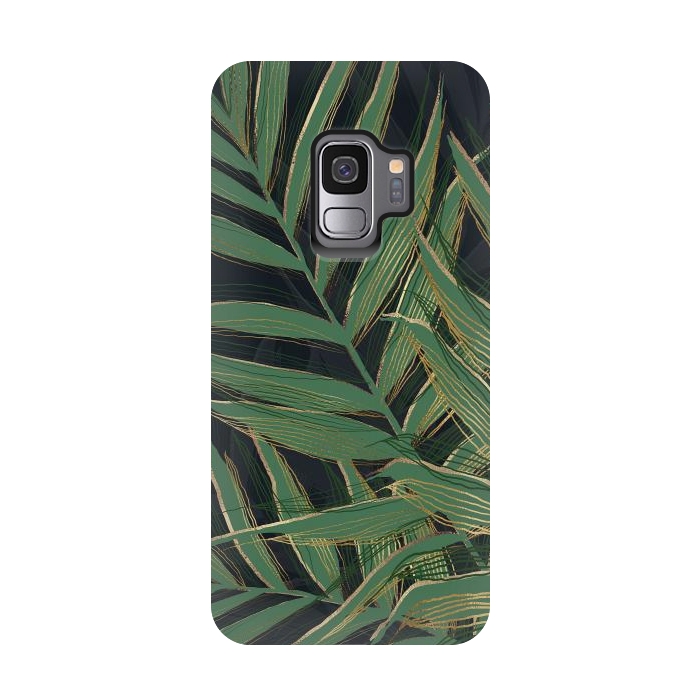 Galaxy S9 StrongFit Trendy Green Palm Leaves Gold Strokes Gray Design by InovArts