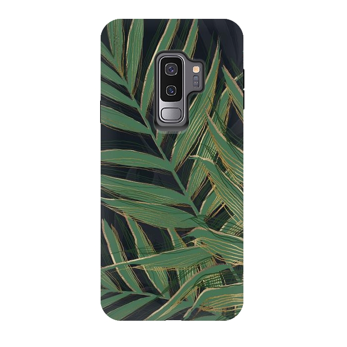 Galaxy S9 plus StrongFit Trendy Green Palm Leaves Gold Strokes Gray Design by InovArts