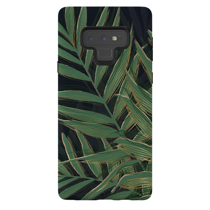 Galaxy Note 9 StrongFit Trendy Green Palm Leaves Gold Strokes Gray Design by InovArts