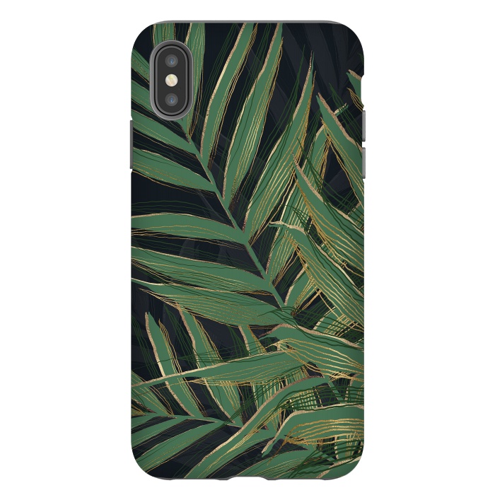 iPhone Xs Max StrongFit Trendy Green Palm Leaves Gold Strokes Gray Design by InovArts