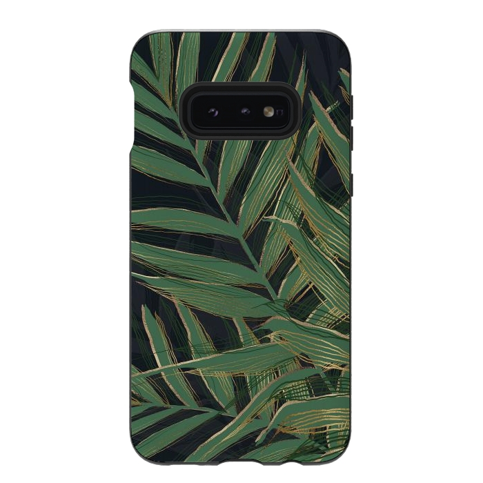 Galaxy S10e StrongFit Trendy Green Palm Leaves Gold Strokes Gray Design by InovArts