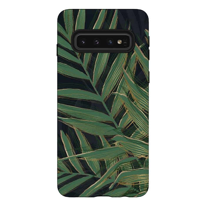 Galaxy S10 StrongFit Trendy Green Palm Leaves Gold Strokes Gray Design by InovArts