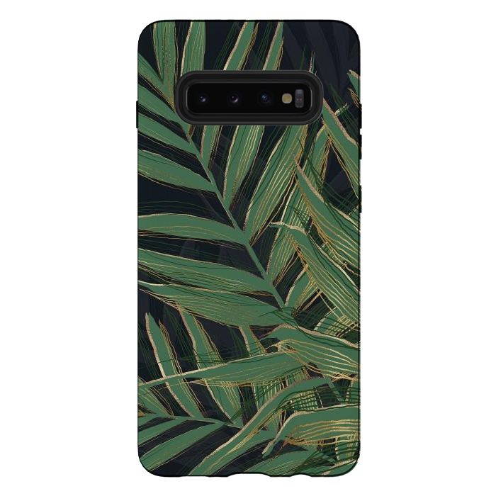 Galaxy S10 plus StrongFit Trendy Green Palm Leaves Gold Strokes Gray Design by InovArts
