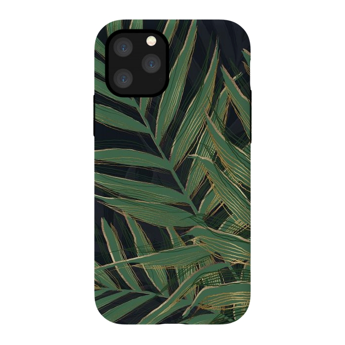 iPhone 11 Pro StrongFit Trendy Green Palm Leaves Gold Strokes Gray Design by InovArts