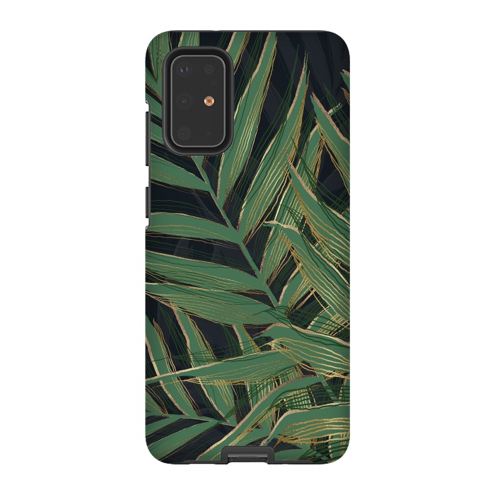 Galaxy S20 Plus StrongFit Trendy Green Palm Leaves Gold Strokes Gray Design by InovArts
