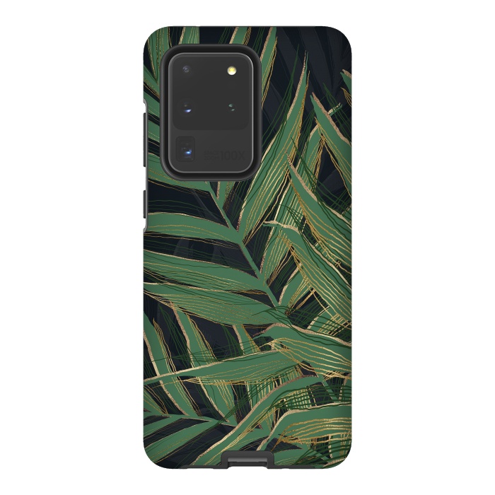 Galaxy S20 Ultra StrongFit Trendy Green Palm Leaves Gold Strokes Gray Design by InovArts