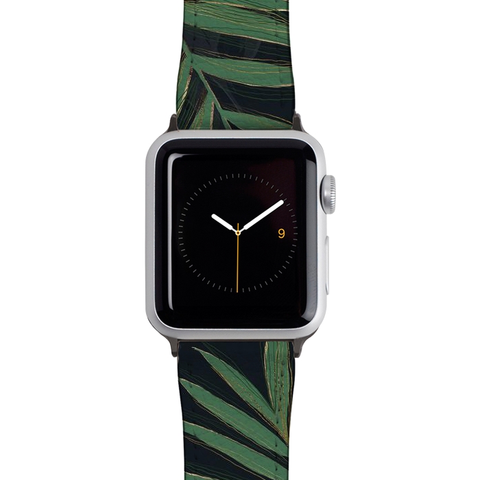 Watch 38mm / 40mm Strap PU leather Trendy Green Palm Leaves Gold Strokes Gray Design by InovArts