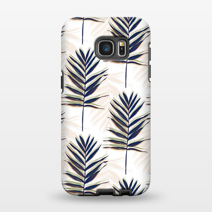 Galaxy S7 EDGE StrongFit Modern Blue Palm Leaves Gold Strokes White Design by InovArts
