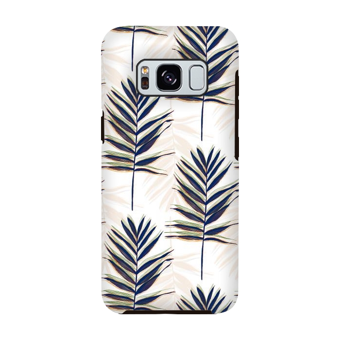 Galaxy S8 StrongFit Modern Blue Palm Leaves Gold Strokes White Design by InovArts