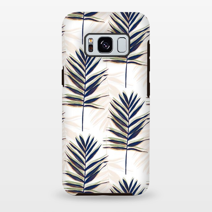 Galaxy S8 plus StrongFit Modern Blue Palm Leaves Gold Strokes White Design by InovArts