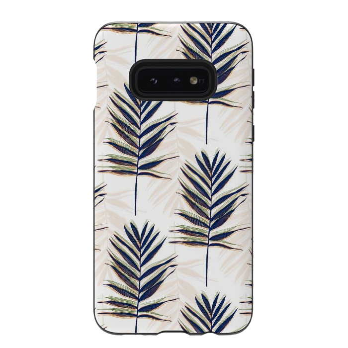 Galaxy S10e StrongFit Modern Blue Palm Leaves Gold Strokes White Design by InovArts