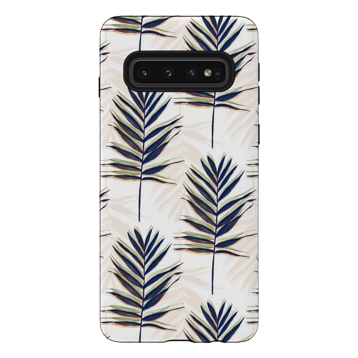 Galaxy S10 StrongFit Modern Blue Palm Leaves Gold Strokes White Design by InovArts