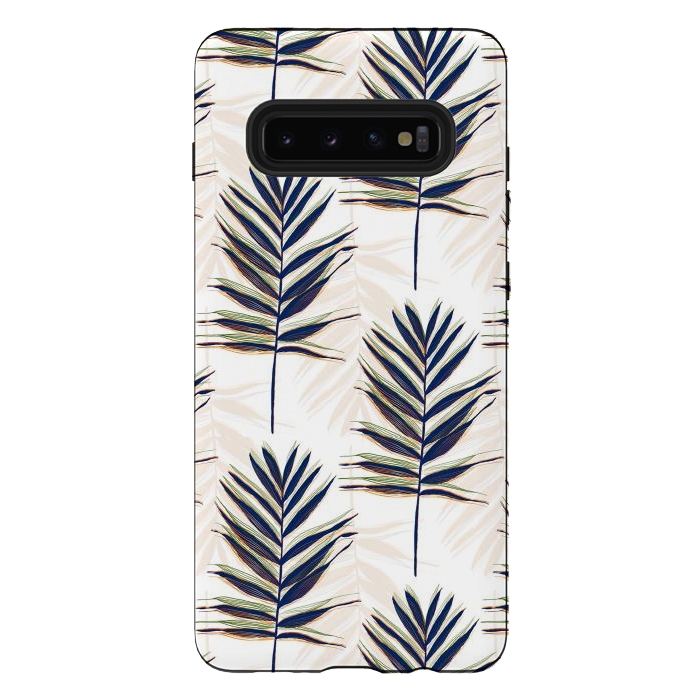 Galaxy S10 plus StrongFit Modern Blue Palm Leaves Gold Strokes White Design by InovArts