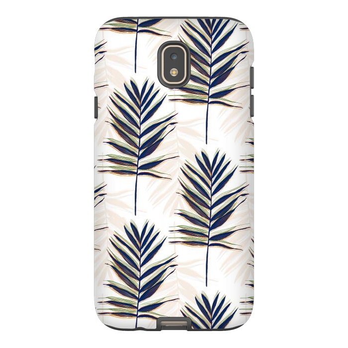 Galaxy J7 StrongFit Modern Blue Palm Leaves Gold Strokes White Design by InovArts