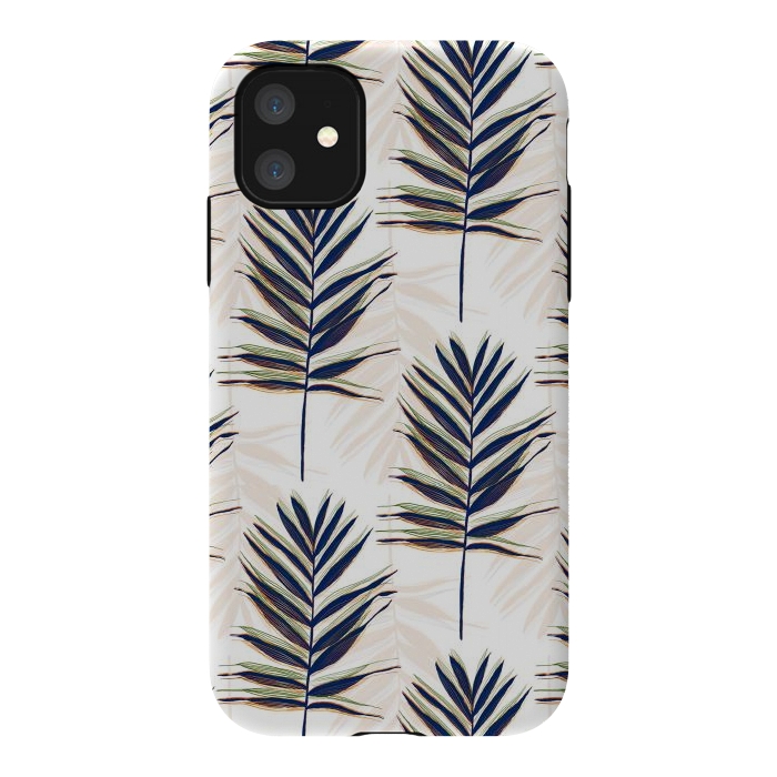 iPhone 11 StrongFit Modern Blue Palm Leaves Gold Strokes White Design by InovArts