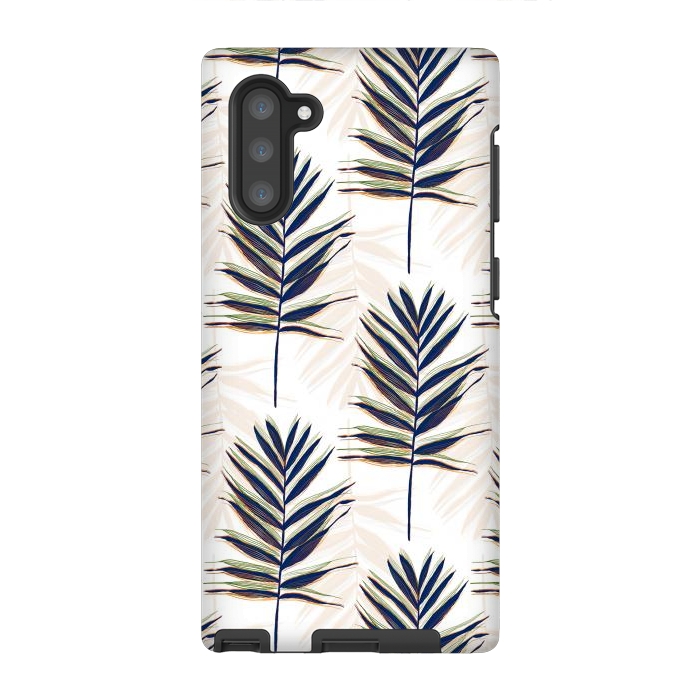 Galaxy Note 10 StrongFit Modern Blue Palm Leaves Gold Strokes White Design by InovArts