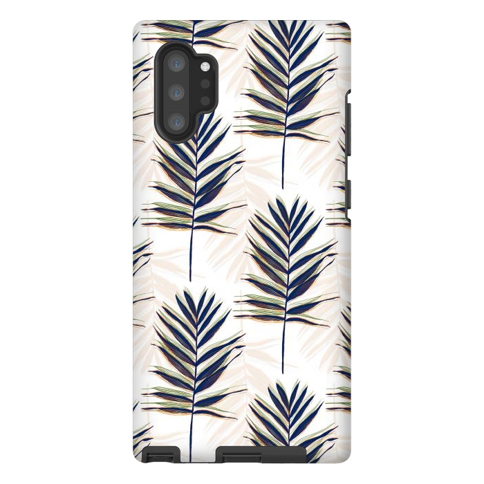 Galaxy Note 10 plus StrongFit Modern Blue Palm Leaves Gold Strokes White Design by InovArts