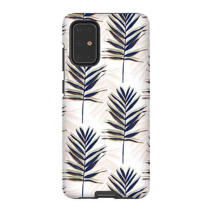 Galaxy S20 Plus StrongFit Modern Blue Palm Leaves Gold Strokes White Design by InovArts