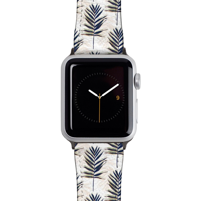 Watch 38mm / 40mm Strap PU leather Modern Blue Palm Leaves Gold Strokes White Design by InovArts