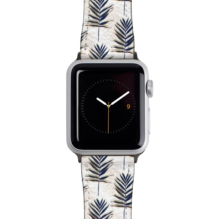 Watch 42mm / 44mm Strap PU leather Modern Blue Palm Leaves Gold Strokes White Design by InovArts
