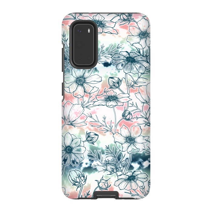 Galaxy S20 StrongFit Fields of Cosmos in Coral, Mint and Navy Tied Dye by gingerlique