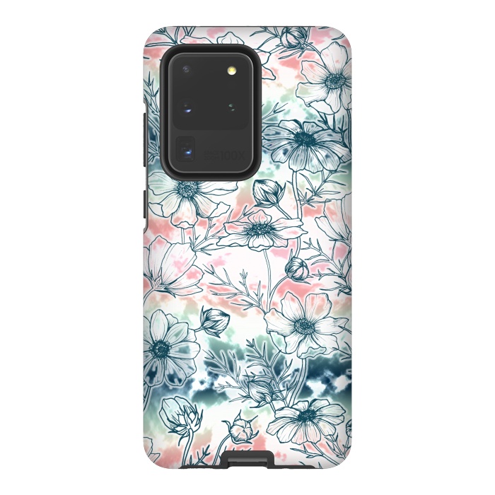 Galaxy S20 Ultra StrongFit Fields of Cosmos in Coral, Mint and Navy Tied Dye by gingerlique