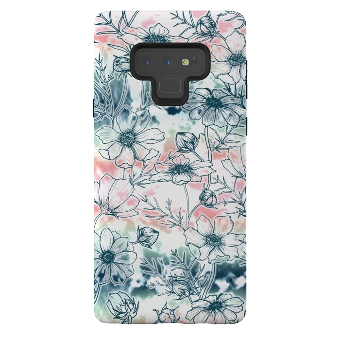 Galaxy Note 9 StrongFit Fields of Cosmos in Coral, Mint and Navy Tied Dye by gingerlique