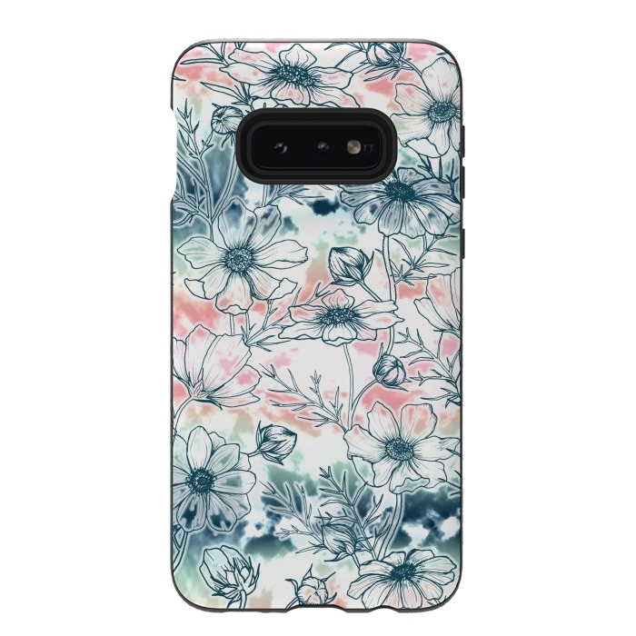 Galaxy S10e StrongFit Fields of Cosmos in Coral, Mint and Navy Tied Dye by gingerlique