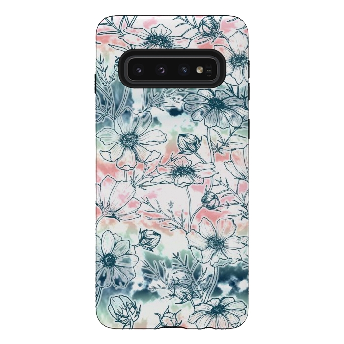 Galaxy S10 StrongFit Fields of Cosmos in Coral, Mint and Navy Tied Dye by gingerlique