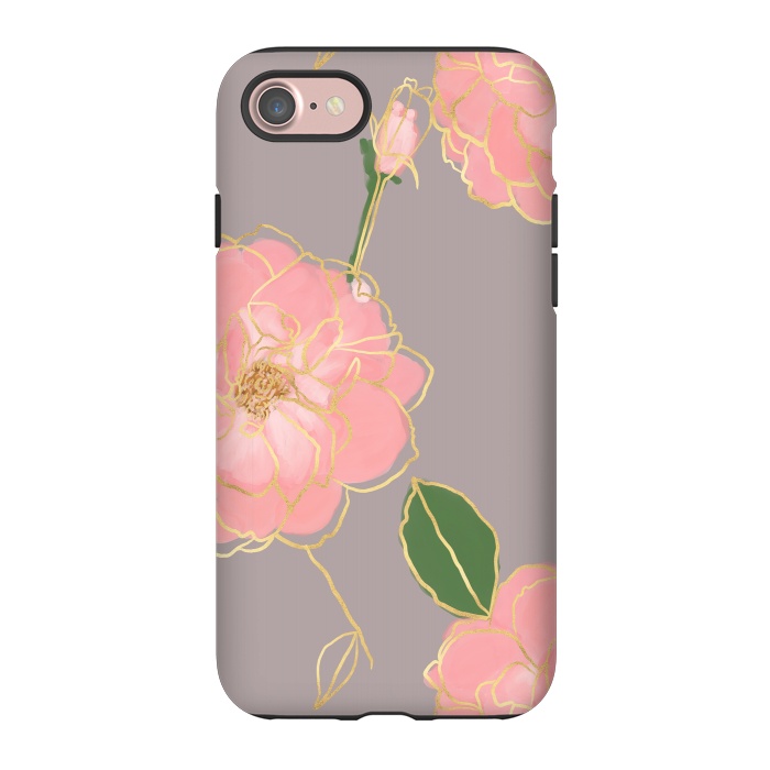 iPhone 7 StrongFit Elegant Pink & Gold Watercolor Roses Gray Design by InovArts